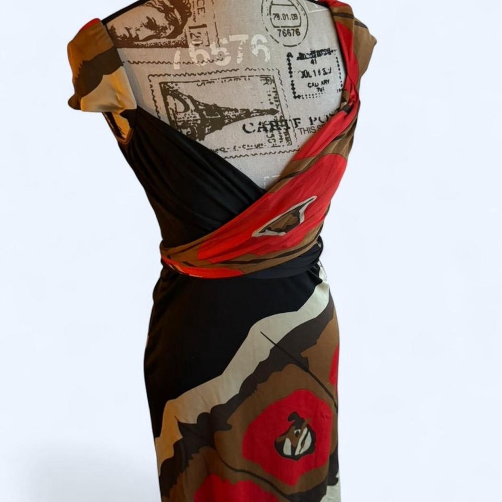 Issa London designer 100% Silk Red, Brown & Black Wrap Midi Dress